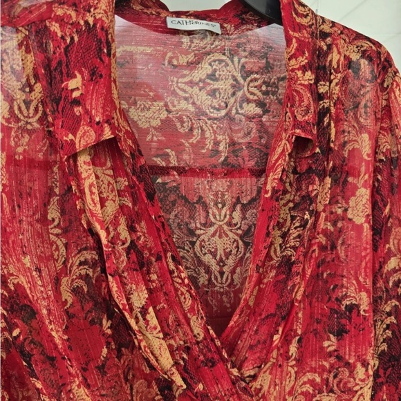 Catherines Sheer Tunic Top 2X Plus Womens 3/4 Sleeve Orange Paisely Open Front - Picture 5 of 15